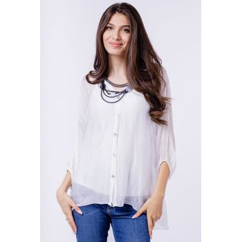Bluza tip camasa din matase naturala alba, cu elastic la maneci si dublura