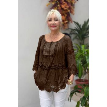 Bluza tip ie cu dantela si paiete fine incolore din matase si vascoza maro brodata