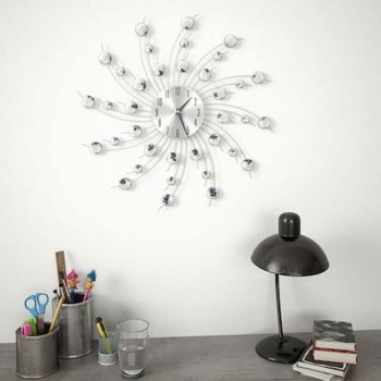Ceas de perete cu cristale, 50 cm, mecanism quartz, cifre arabe, argintiu