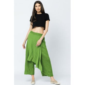 Pantaloni de vara din in, cu aplicatii pe fata si spate, verde olive
