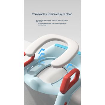 Reductor toaleta pentru copii Little Mom Blue, pliabil, echipat cu colac moale din spuma PU, trepte antiderapante, manere ergonomice, structura triunghiulara, design anti-stropire, dimensiune 53.5 x 40.5 cm