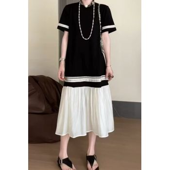 Rochie A-line din jerseu din bumbac cu volan din alt material, alb cu negru