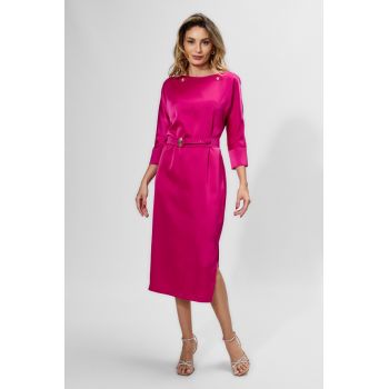 Rochie de ocazie din satin cu detalii aurii Oriana Fucsia