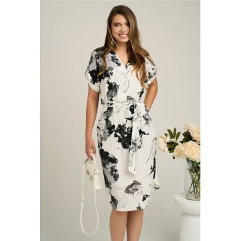 Rochie din stofa alba cu imprimeuri gri si cordon in talie