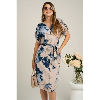 Rochie din stofa bej cu imprimeuri bleumarin si cordon in talie