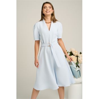 Rochie din stofa bleu cu cordon in talie si decoteu in V