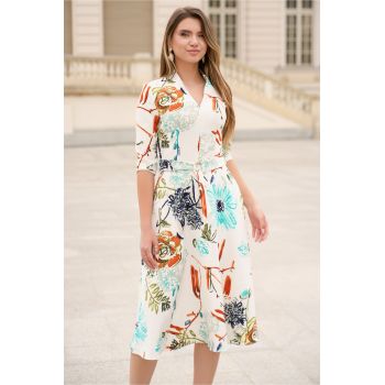 Rochie din stofa ivory midi de zi cu imprimeuri florale turcoaz si decolteu