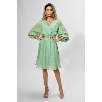 Rochie eleganta cu elastic in talie si maneci bufante Liviana Vernil