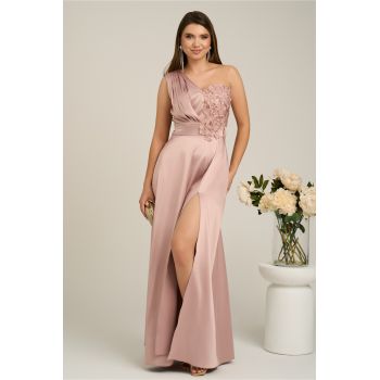 Rochie Ella Collection Madison lunga roz cu flori la bust