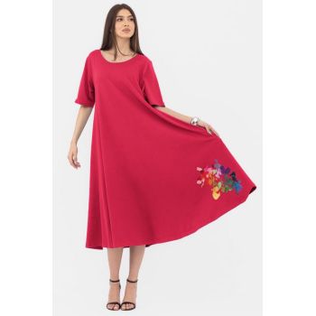 Rochie lunga A-line, fucsia inchis, cu imprimeu floare stilizata cu petale multicolore