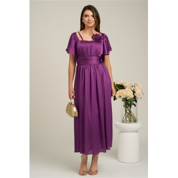 Rochie lunga eleganta din voal mov cu floare la bust- Moze