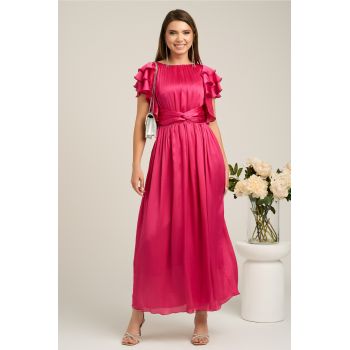 Rochie Moze lunga eleganta din voal fucsia cu volanase la maneci