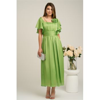 Rochie Moze lunga eleganta din voal verde cu floare la bust