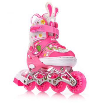 Role pentru copii Meteor Pink Bunny model configurabil 4 in 1, cu lumini, cizma semi-moale cu dimensiune reglabila si sistem de ventilatie, roti din PU, rulmenti din carbon ABEC-7, masura M 34-37