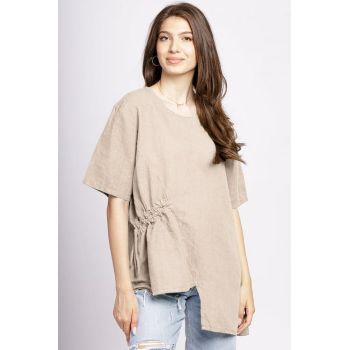 Bluza bej din in, asimetrica, cu siret lateral