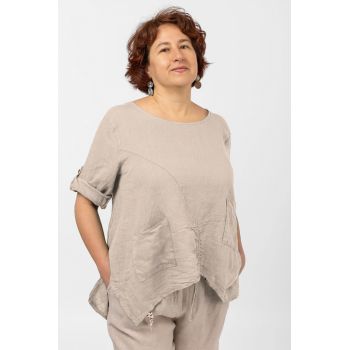 Bluza din in bej, asimetrica, cu siret pe fata