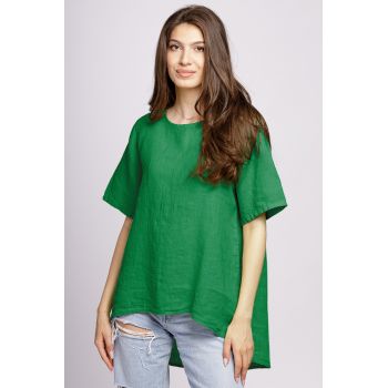 Bluza din in verde, asimetrica, cu nasturi pe spate