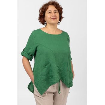 Bluza din in verde, asimetrica, cu siret pe fata