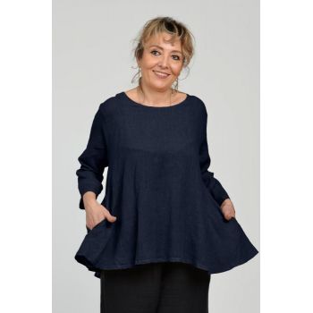 Bluza evazata cu clin la spate din in, bleumarin