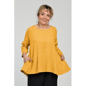 Bluza evazata cu clin la spate din in, galbena