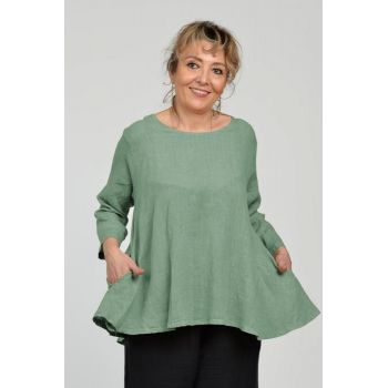 Bluza evazata cu clin la spate din in, verde menta