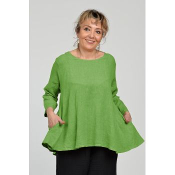 Bluza evazata cu clin la spate din in, verde