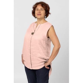 Bluza fara maneci din in cu nasture metalic decorativ, roz pal