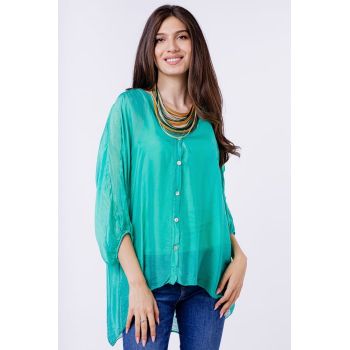 Bluza tip camasa din matase naturala turcoaz, cu elastic la maneci si dublura