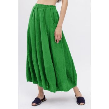 Fusta din in ampla, stil lalea, lunga, verde crud, cu buzunare