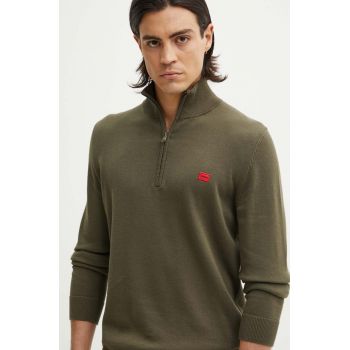 HUGO pulover de bumbac culoarea verde, light, cu turtleneck