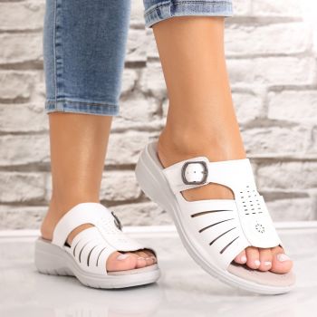 Papuci dama cu platforma Albi din Piele Ecologica Monine
