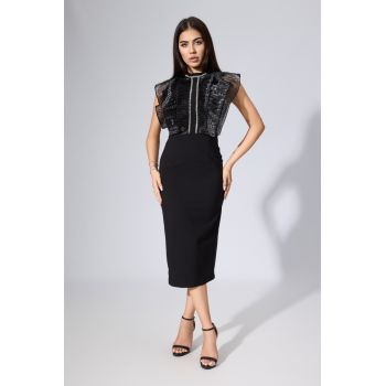 Rochie de ocazie cu volane si strass-uri Linette Neagra