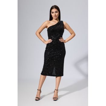 Rochie de ocazie din paiete cu model one shoulder Goldwyn Neagra