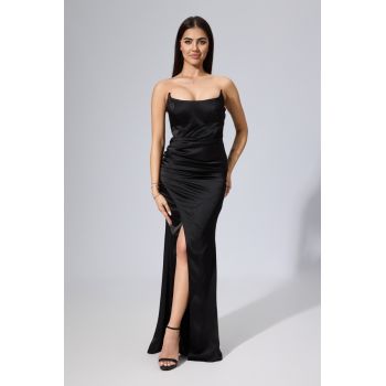 Rochie de ocazie din satin cu croi petrecut Sensuelle Neagra