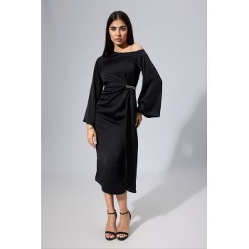 Rochie de ocazie din satin cu strass-uri in talie Felicita Neagra
