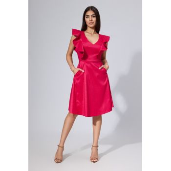 Rochie de ocazie din tafta satinata cu volane Elnara Fucsia