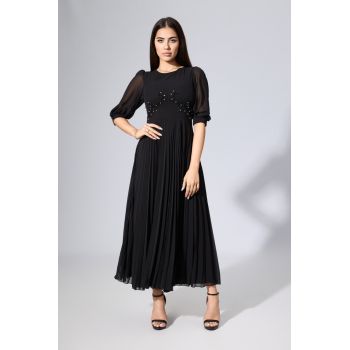 Rochie de ocazie din voal cu broderie si strass-uri in talie Merve Neagra