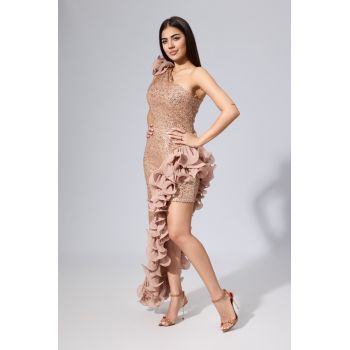 Rochie de ocazie premium asimetrica cu paiete tip one shoulder Forever Aurie