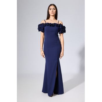 Rochie de ocazie premium din crepe cu flori 3D la bust Fever Bleumarin