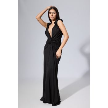 Rochie de ocazie premium din licra cu decoletu adanc Chanelle Neagra