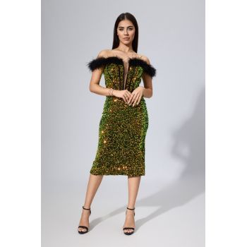Rochie de ocazie premium din paiete cu pene Feride Multi