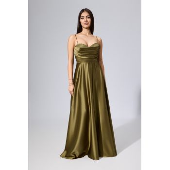 Rochie de ocazie premium din satin cu bretele Malika Kaki