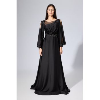 Rochie de ocazie premium din satin cu maneci despicate si flori cu strass-uri Dionisia Neagra