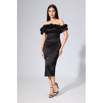 Rochie de ocazie premium din satin cu volane la bust Cocktail Neagra