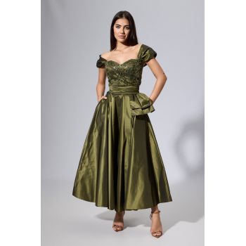 Rochie de ocazie premium din tafta satinata cu paiete si strass-uri Syerra Kaki