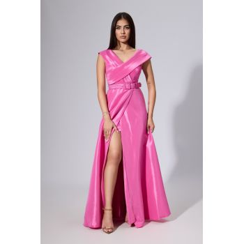 Rochie de ocazie premium din tafta satinata cu pliuri pe bust Davine Roz