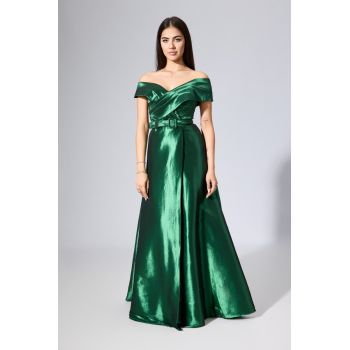 Rochie de ocazie premium din tafta satinata cu pliuri pe bust Davine Verde