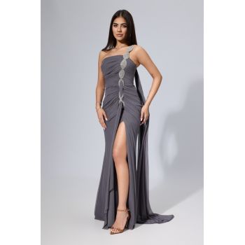 Rochie de ocazie premium din tull cu strass-uri Regina Gri