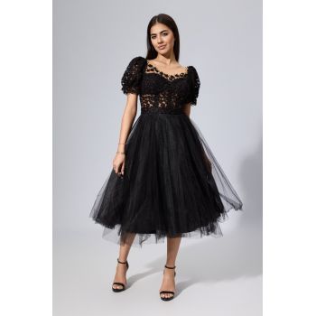 Rochie de ocazie premium tip baby doll din tull cu broderie Omada Neagra