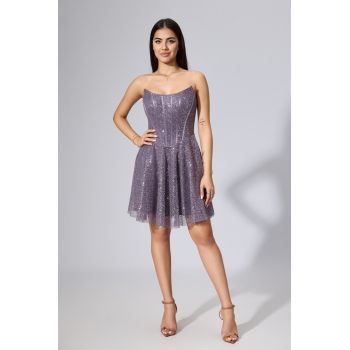 Rochie de ocazie tip baby doll din dantela cu paiete Anemona Lila